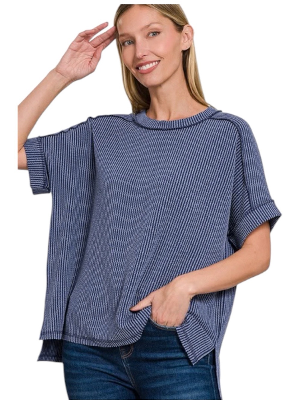 Zenana Ribbed Corded Oversized Tee Navy Blue Sz L/XL Like New